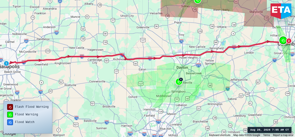 Route map for Indianapolis, IN → Columbus, OH
