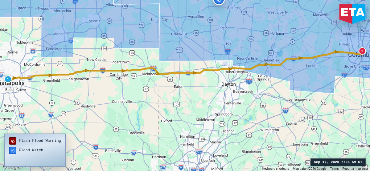 Route map for Indianapolis, IN → Columbus, OH