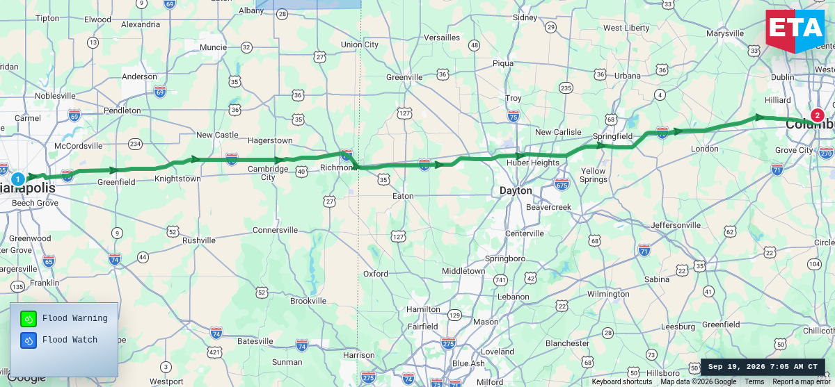 Route map for Indianapolis, IN → Columbus, OH