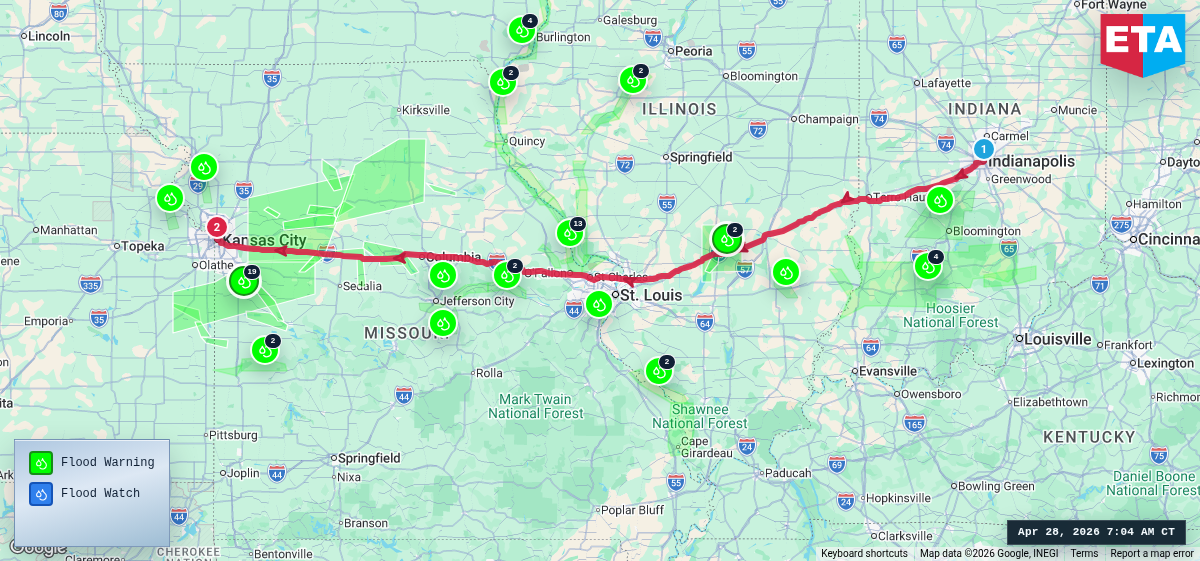 Route map for Indianapolis, IN → Kansas City, MO