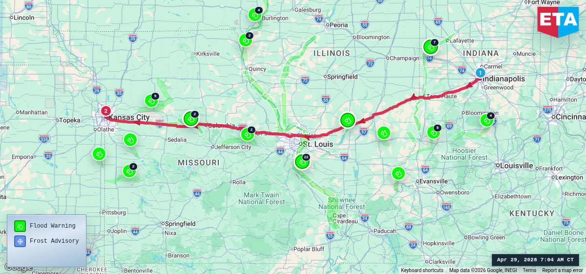 Route map for Indianapolis, IN → Kansas City, MO
