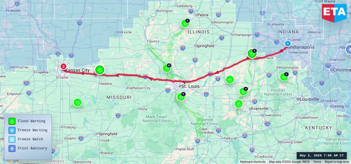 Route map for Indianapolis, IN → Kansas City, MO