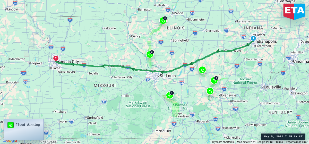 Route map for Indianapolis, IN → Kansas City, MO
