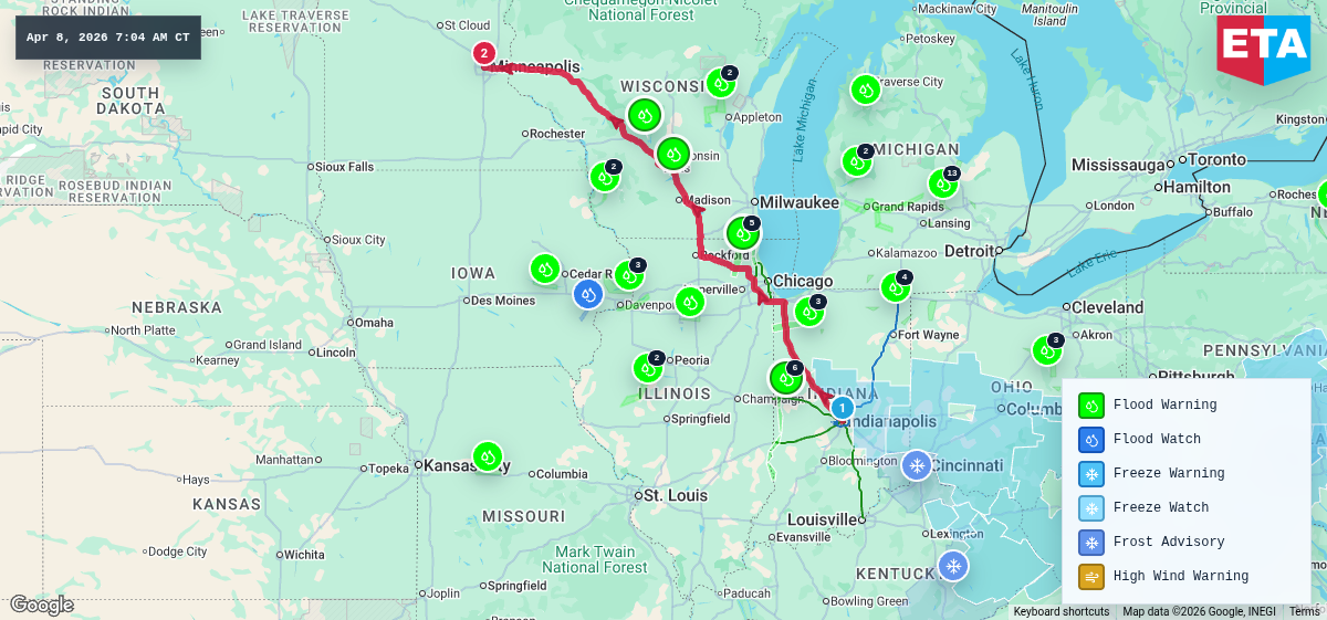 Route map for Indianapolis, IN → Minneapolis, MN