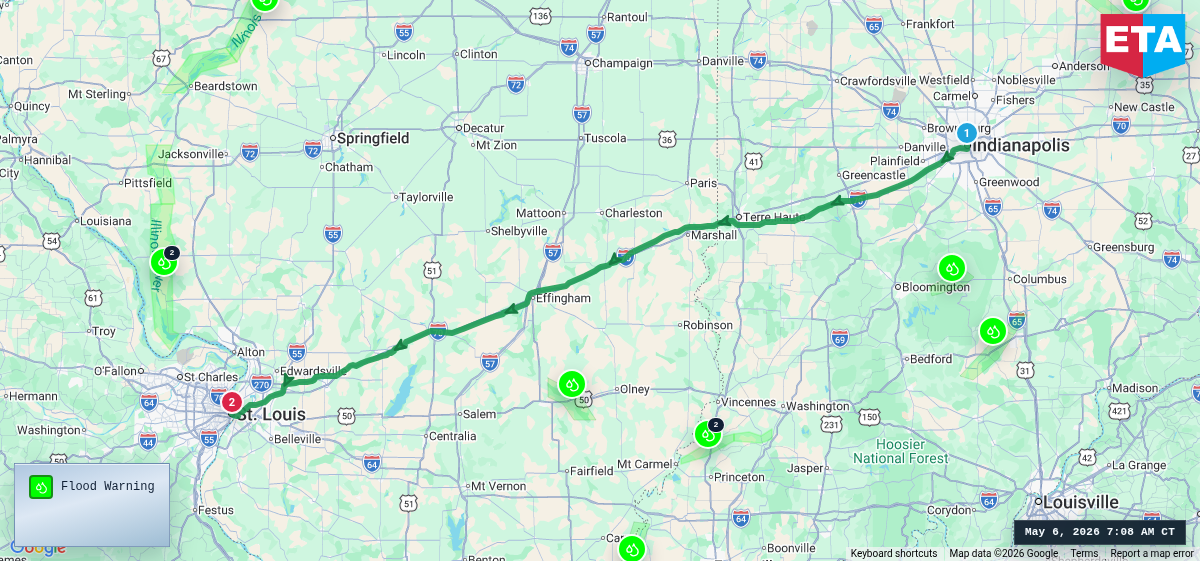 Route map for Indianapolis, IN → St. Louis, MO