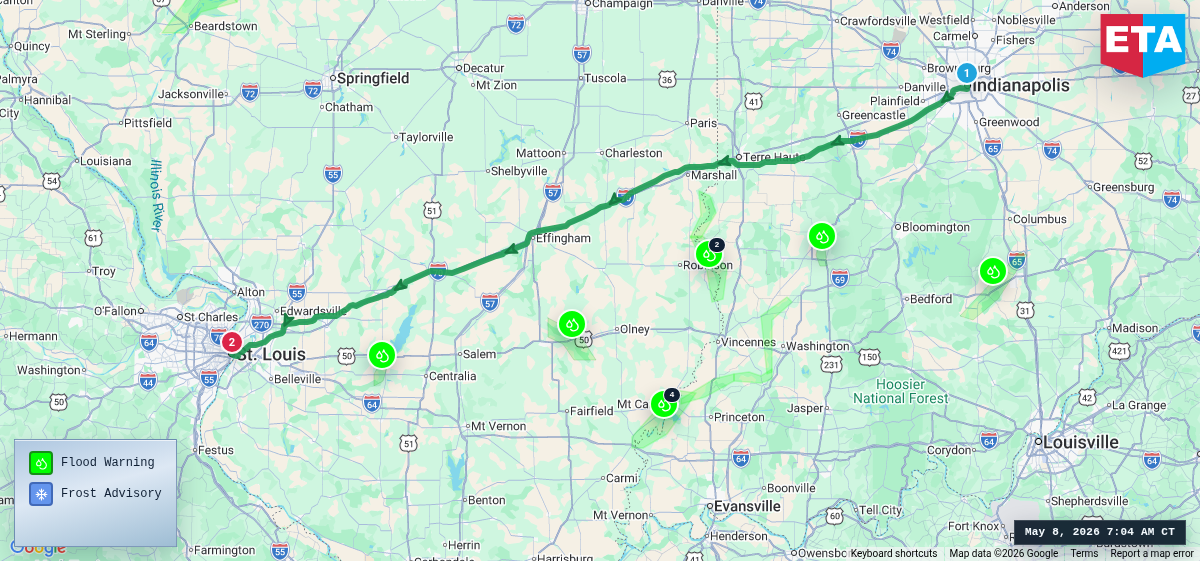 Route map for Indianapolis, IN → St. Louis, MO