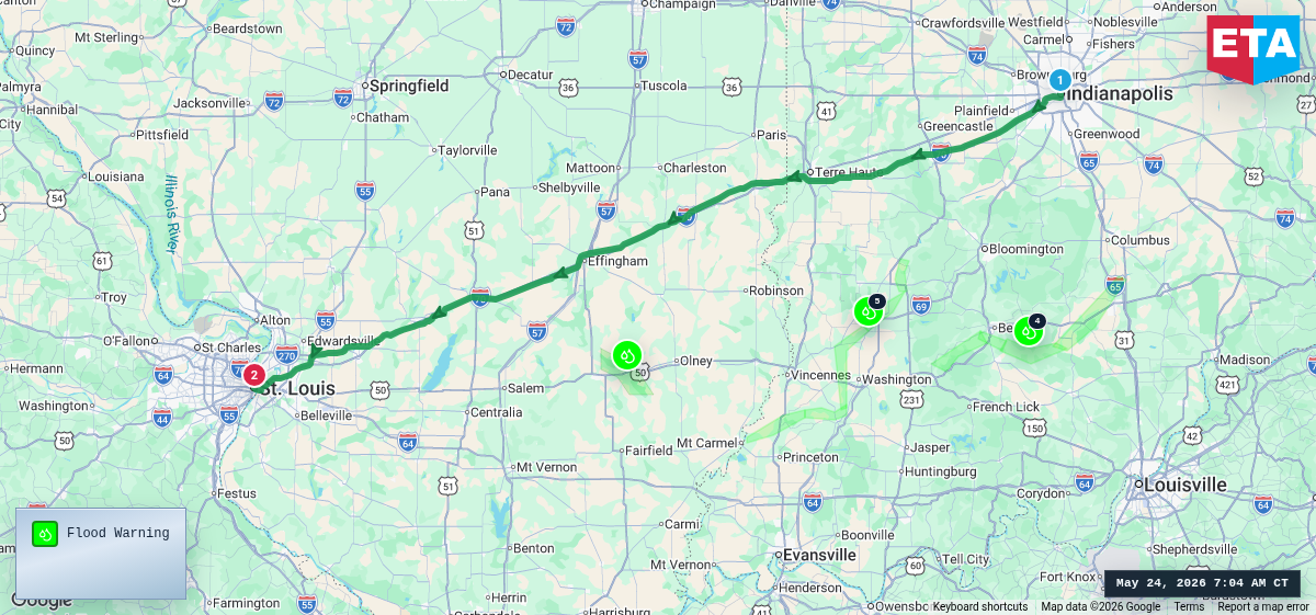 Route map for Indianapolis, IN → St. Louis, MO