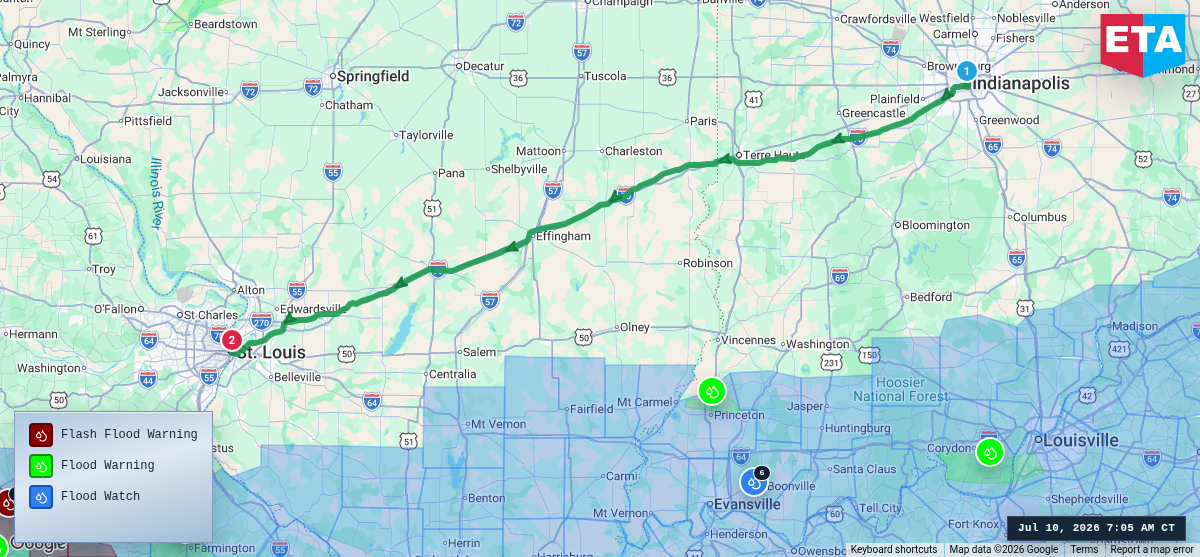 Route map for Indianapolis, IN → St. Louis, MO