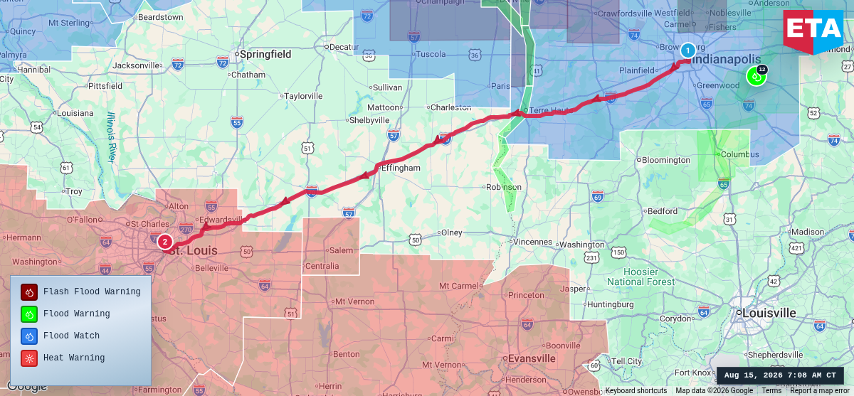 Route map for Indianapolis, IN → St. Louis, MO