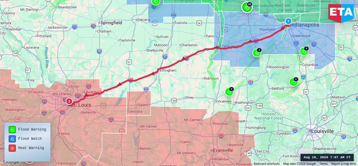 Route map for Indianapolis, IN → St. Louis, MO