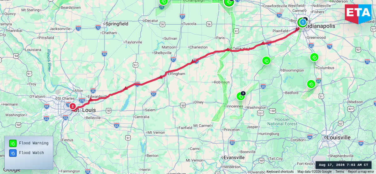 Route map for Indianapolis, IN → St. Louis, MO
