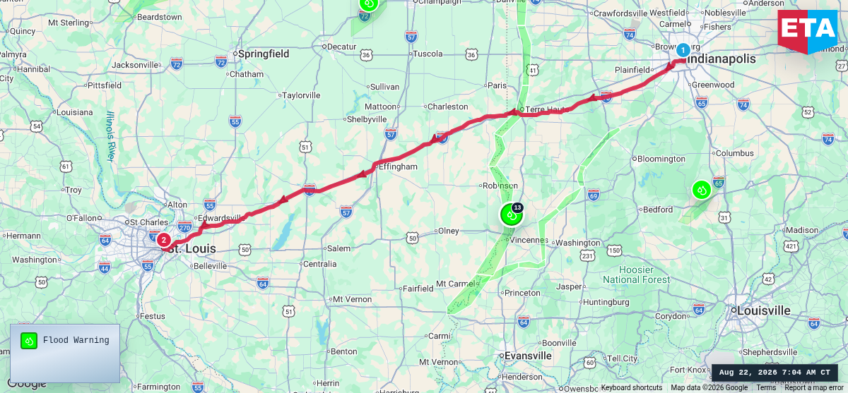 Route map for Indianapolis, IN → St. Louis, MO
