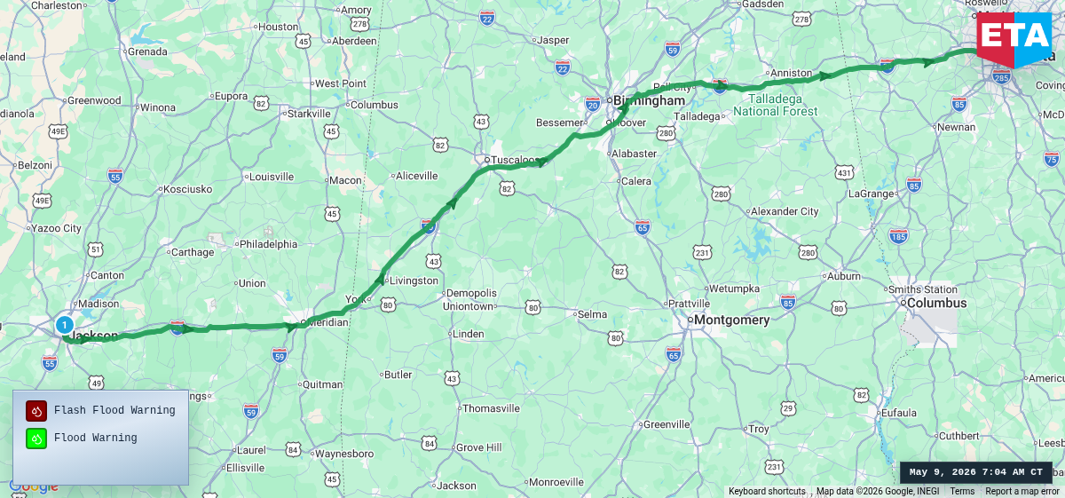 Route map for Jackson, MS → Atlanta, GA