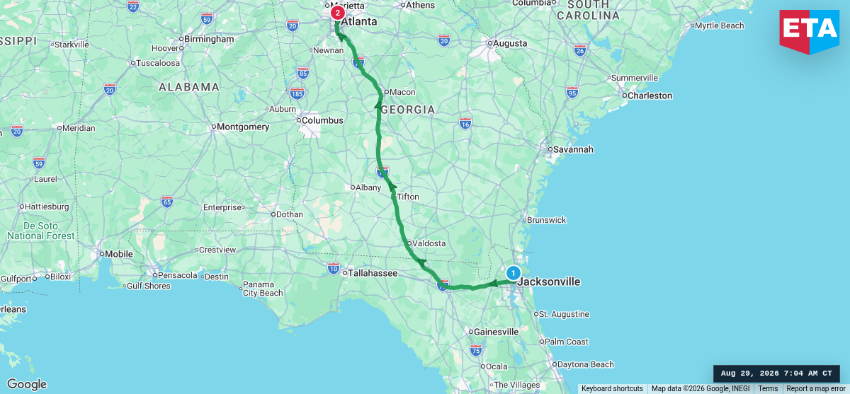Route map for Jacksonville, FL → Atlanta, GA