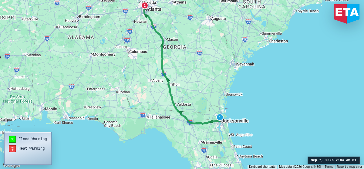 Route map for Jacksonville, FL → Atlanta, GA