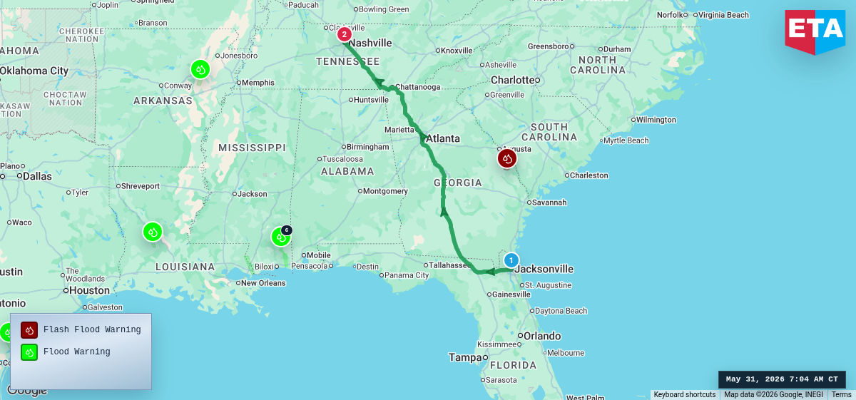 Route map for Jacksonville, FL → Nashville, TN
