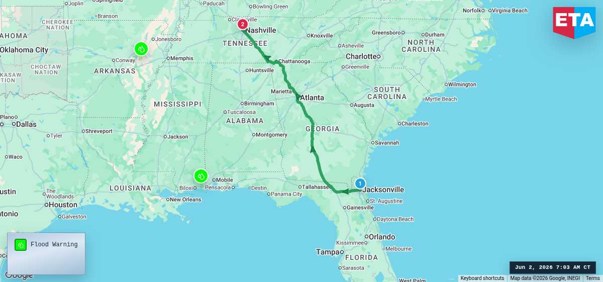 Route map for Jacksonville, FL → Nashville, TN