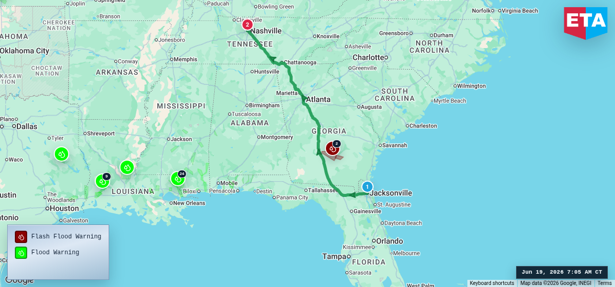Route map for Jacksonville, FL → Nashville, TN