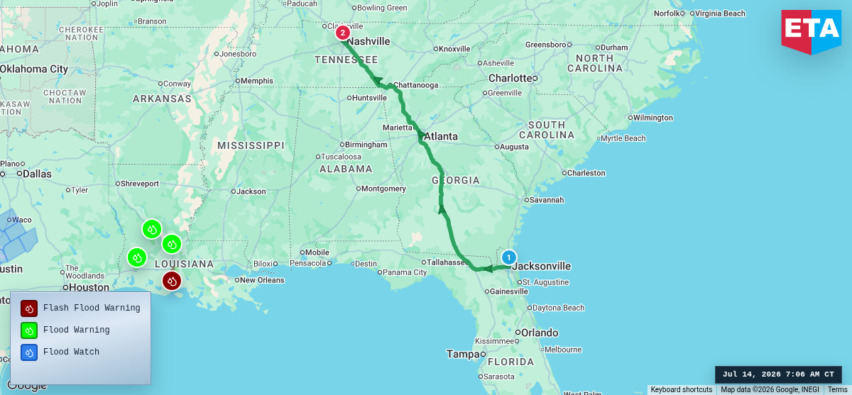 Route map for Jacksonville, FL → Nashville, TN