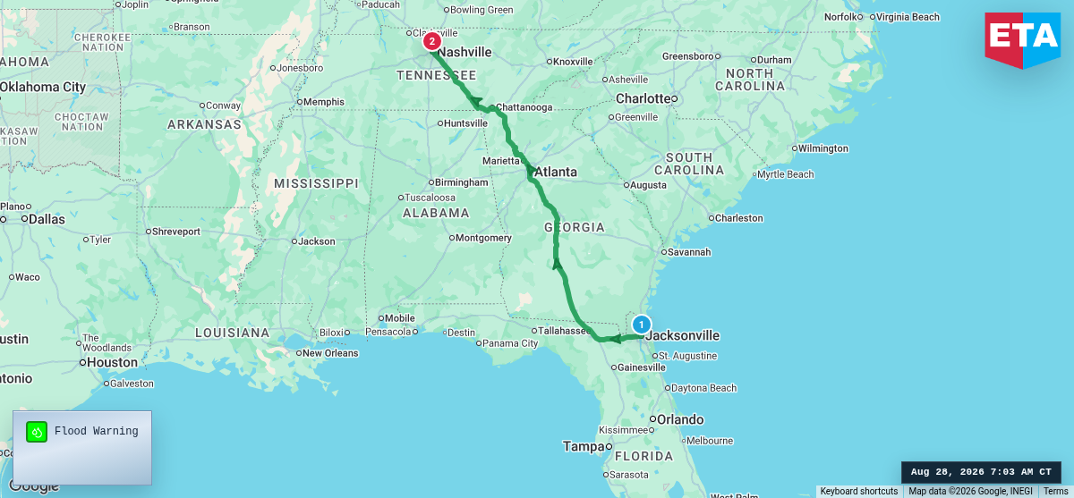 Route map for Jacksonville, FL → Nashville, TN