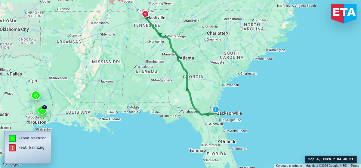 Route map for Jacksonville, FL → Nashville, TN