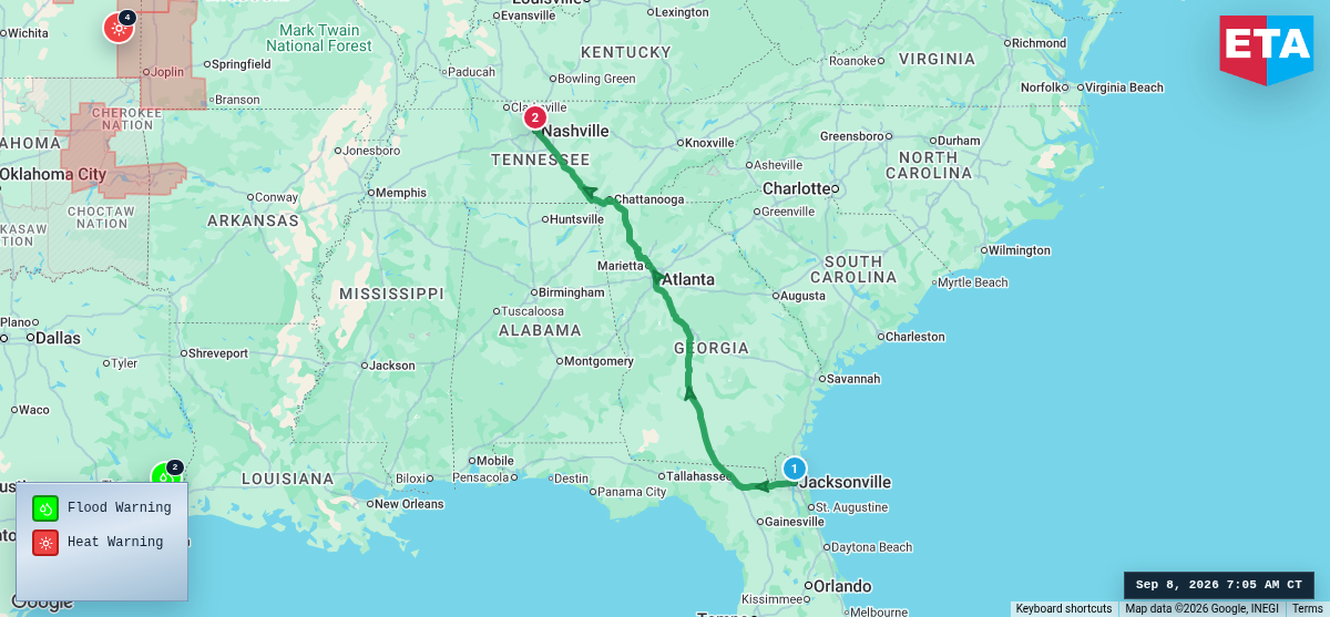 Route map for Jacksonville, FL → Nashville, TN