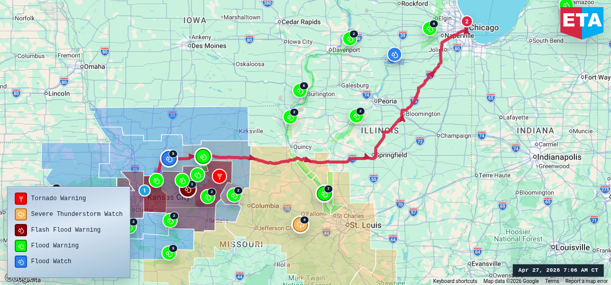 Route map for Kansas City, MO → Chicago, IL