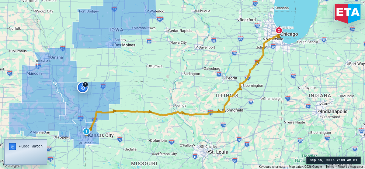 Route map for Kansas City, MO → Chicago, IL