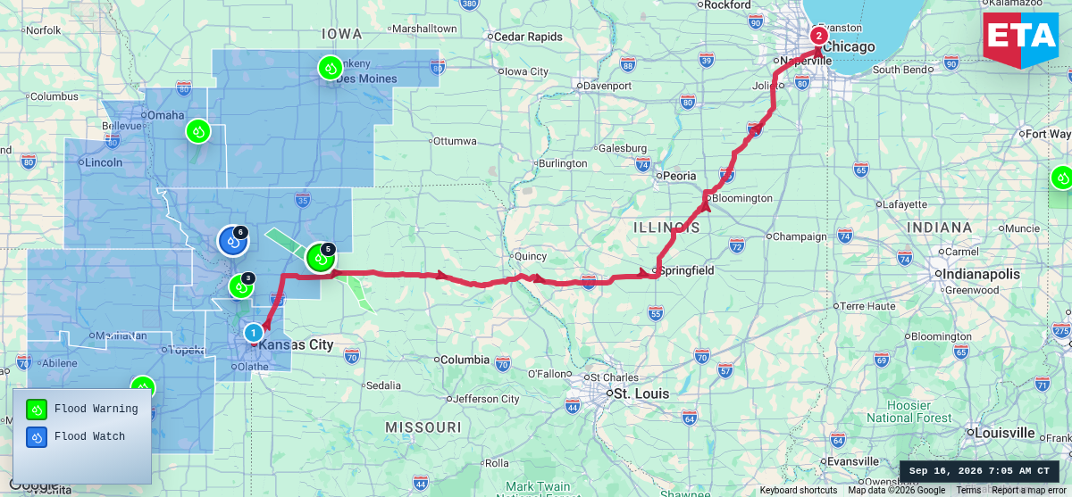 Route map for Kansas City, MO → Chicago, IL