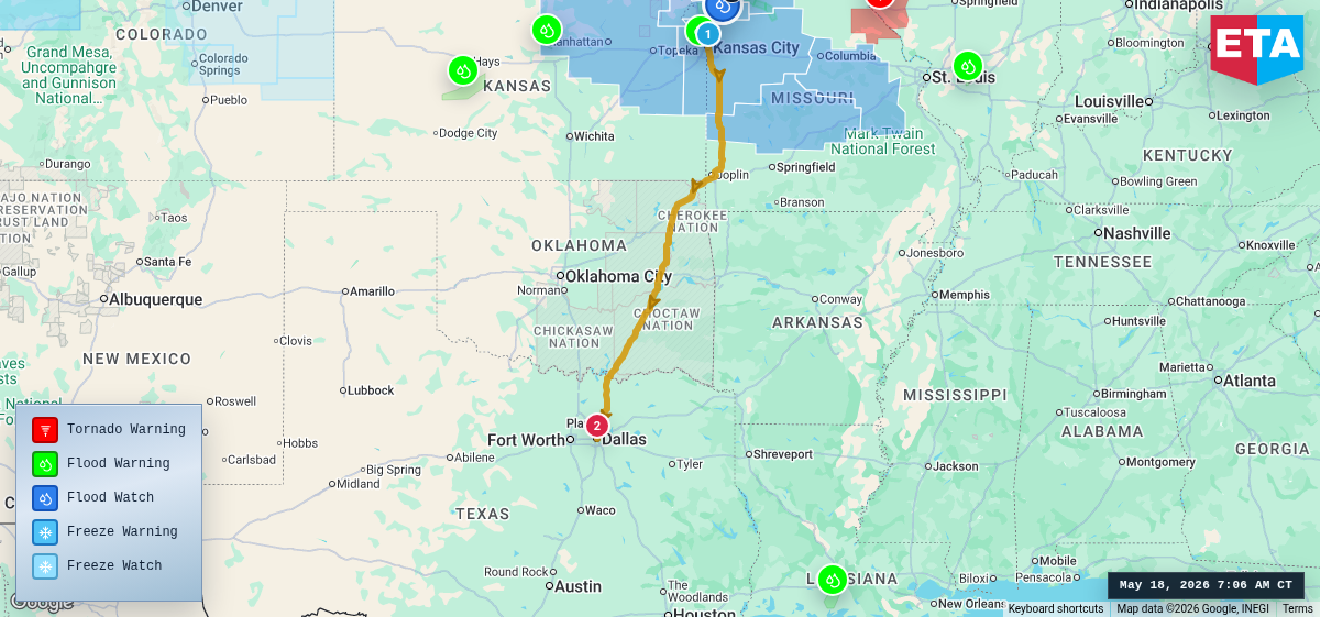 Route map for Kansas City, MO → Dallas, TX