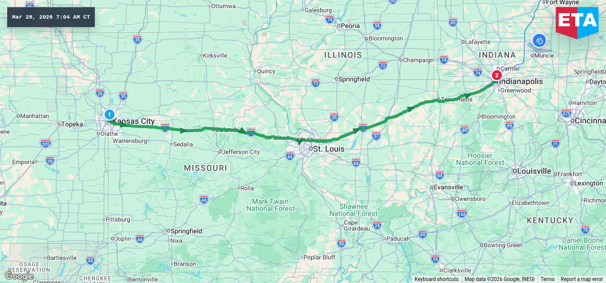 Route map for Kansas City, MO → Indianapolis, IN