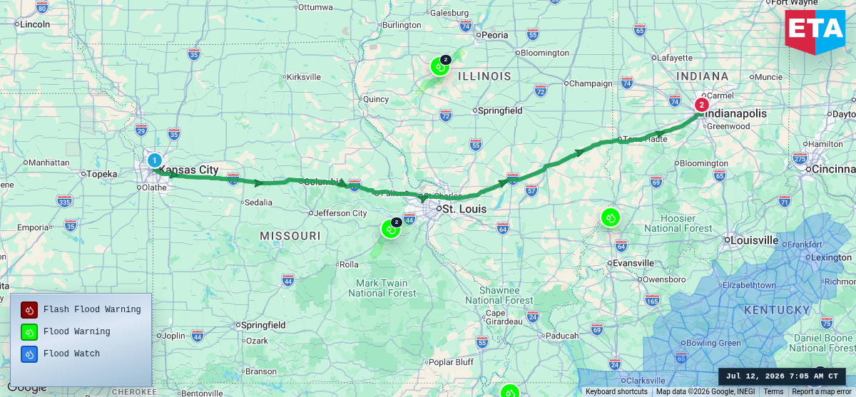 Route map for Kansas City, MO → Indianapolis, IN