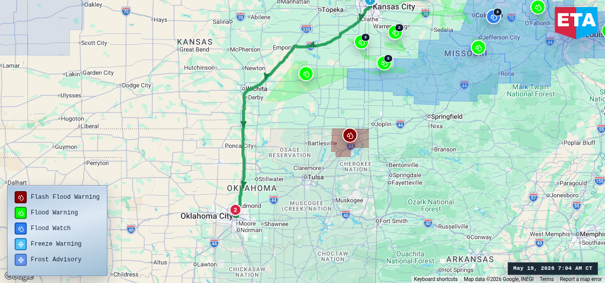 Route map for Kansas City, MO → Oklahoma City, OK