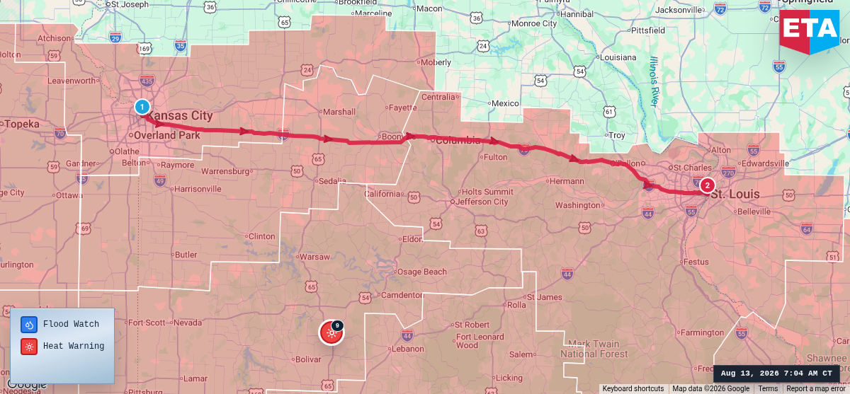Route map for Kansas City, MO → St. Louis, MO