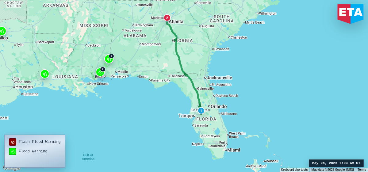 Route map for Lakeland, FL → Atlanta, GA
