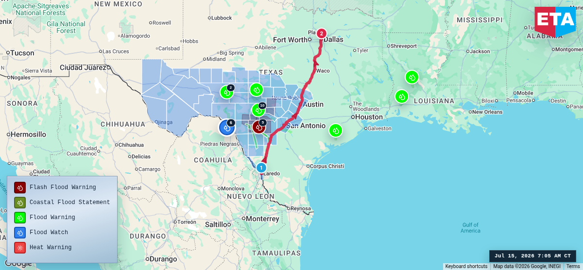 Route map for Laredo, TX → Dallas, TX