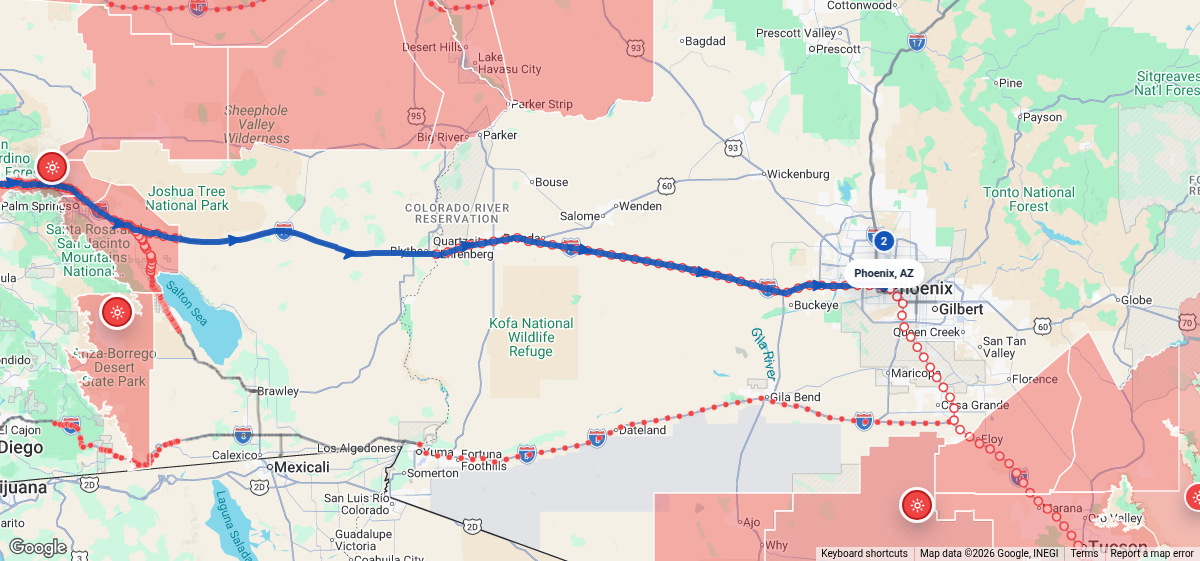 Route map for Los Angeles, CA → Phoenix, AZ