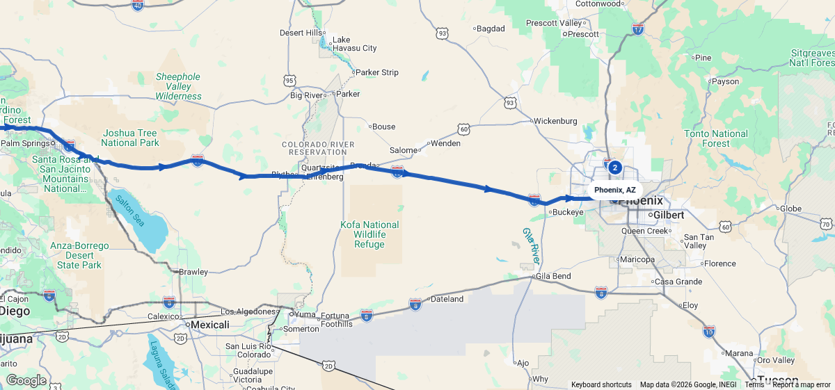 Route map for Los Angeles, CA → Phoenix, AZ