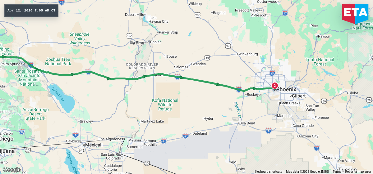 Route map for Los Angeles, CA → Phoenix, AZ