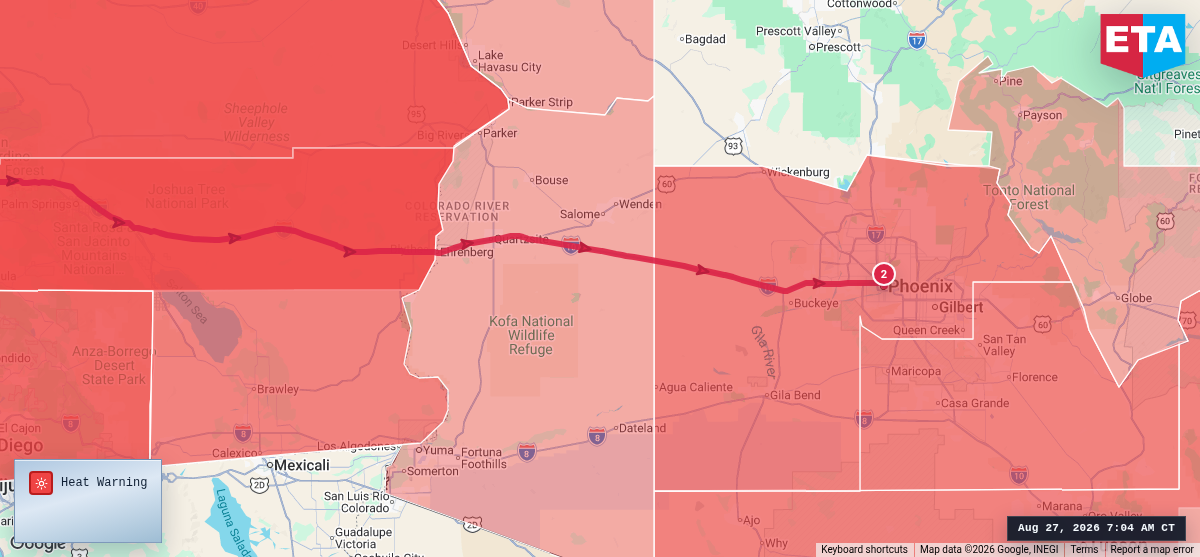 Route map for Los Angeles, CA → Phoenix, AZ