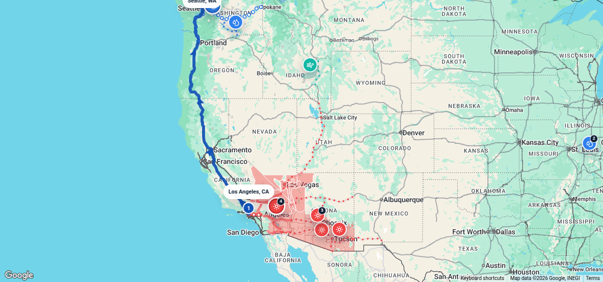 Route map for Los Angeles, CA → Seattle, WA