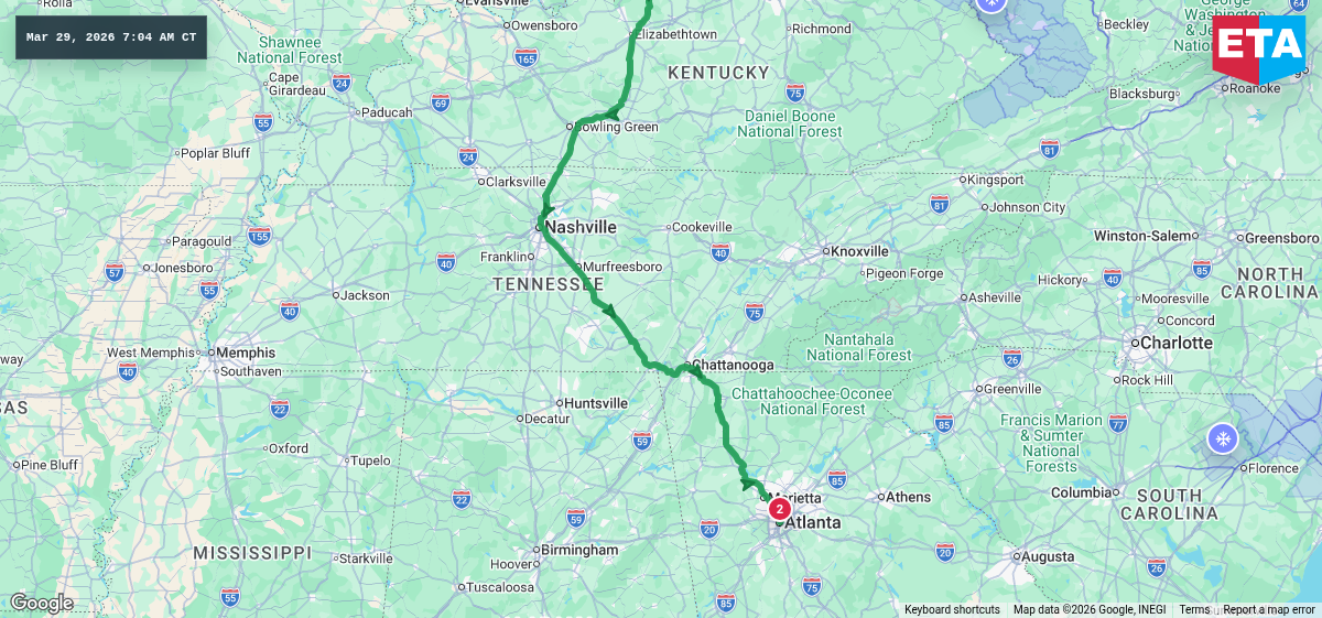 Route map for Louisville, KY → Atlanta, GA