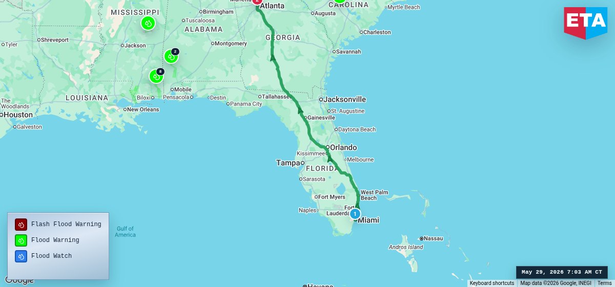 Route map for Miami, FL → Atlanta, GA