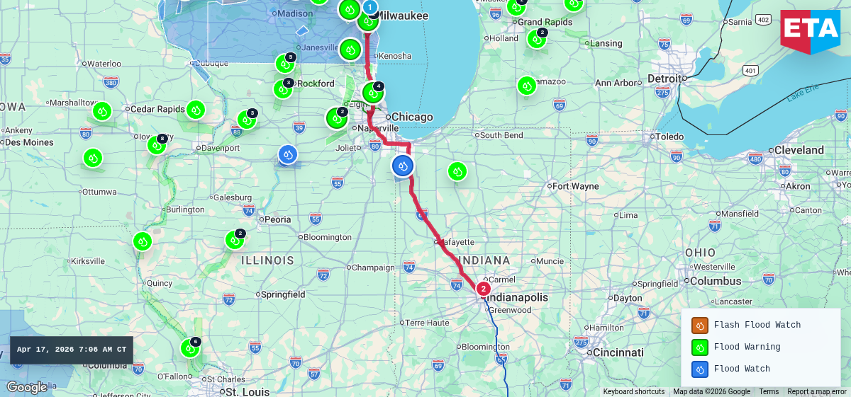 Route map for Milwaukee, WI → Indianapolis, IN