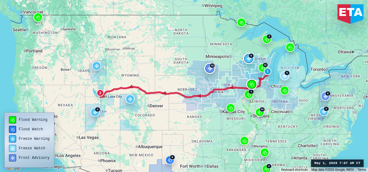 Route map for Milwaukee, WI → Salt Lake City, UT