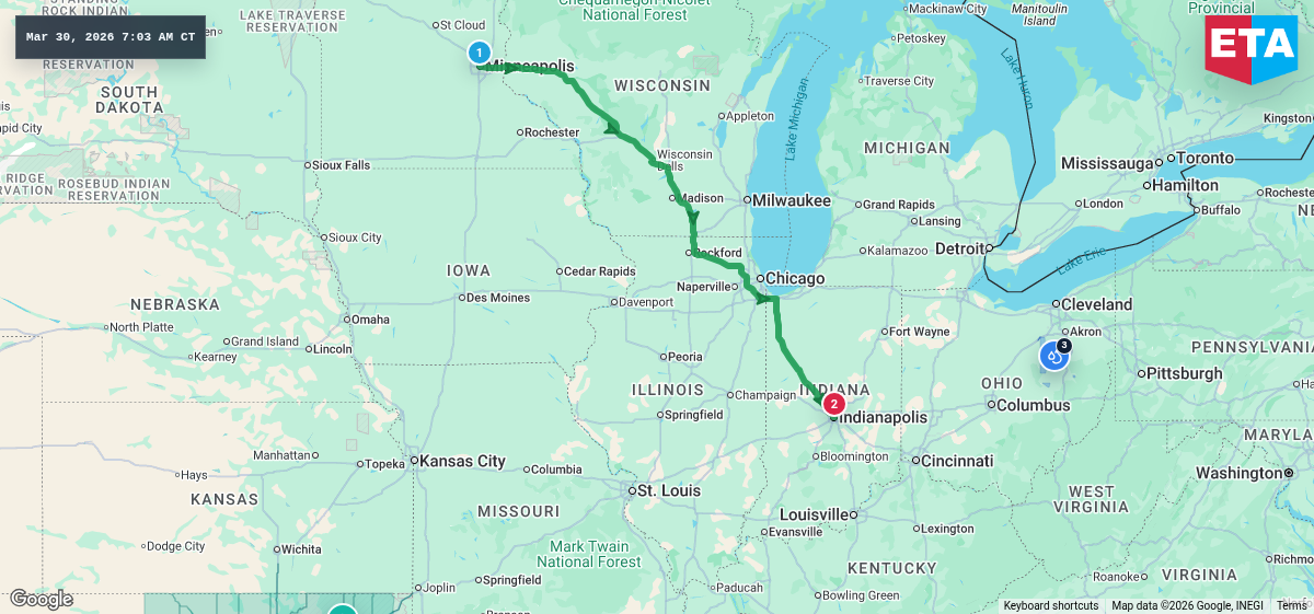 Route map for Minneapolis, MN → Indianapolis, IN