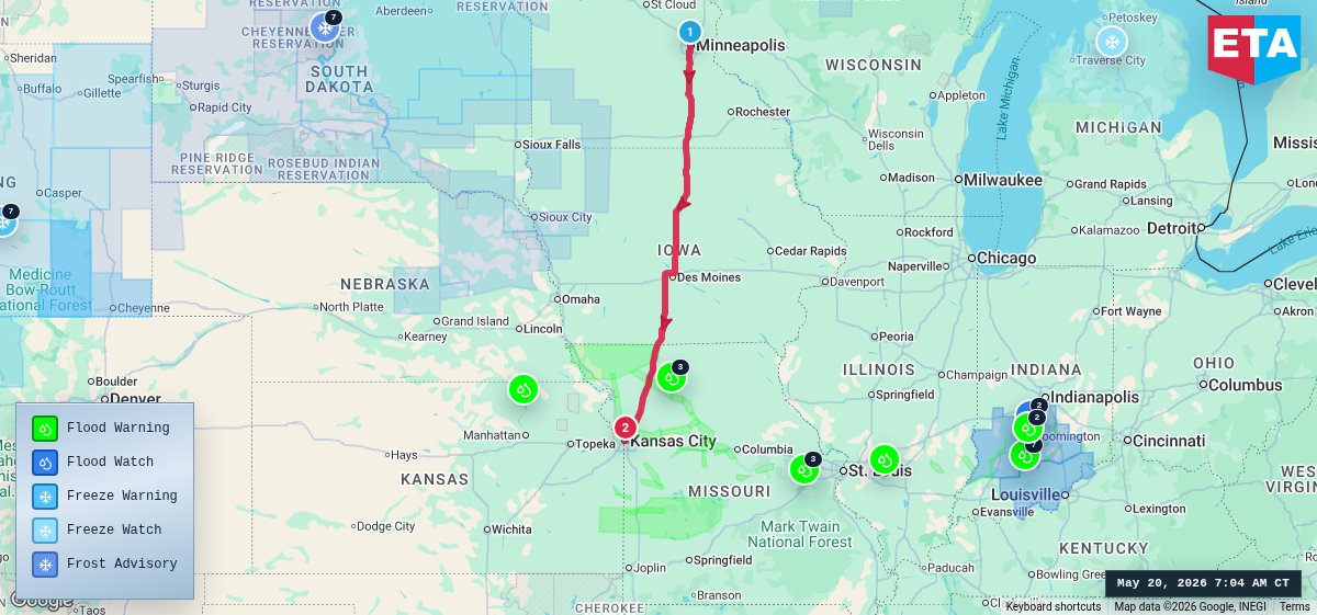 Route map for Minneapolis, MN → Kansas City, MO