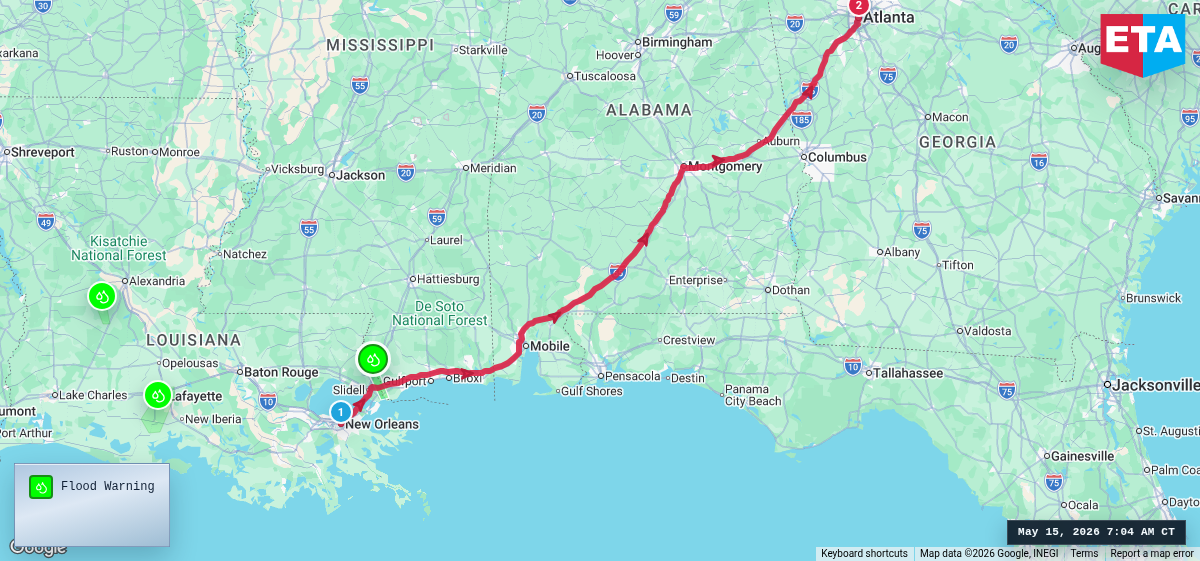 Route map for New Orleans, LA → Atlanta, GA
