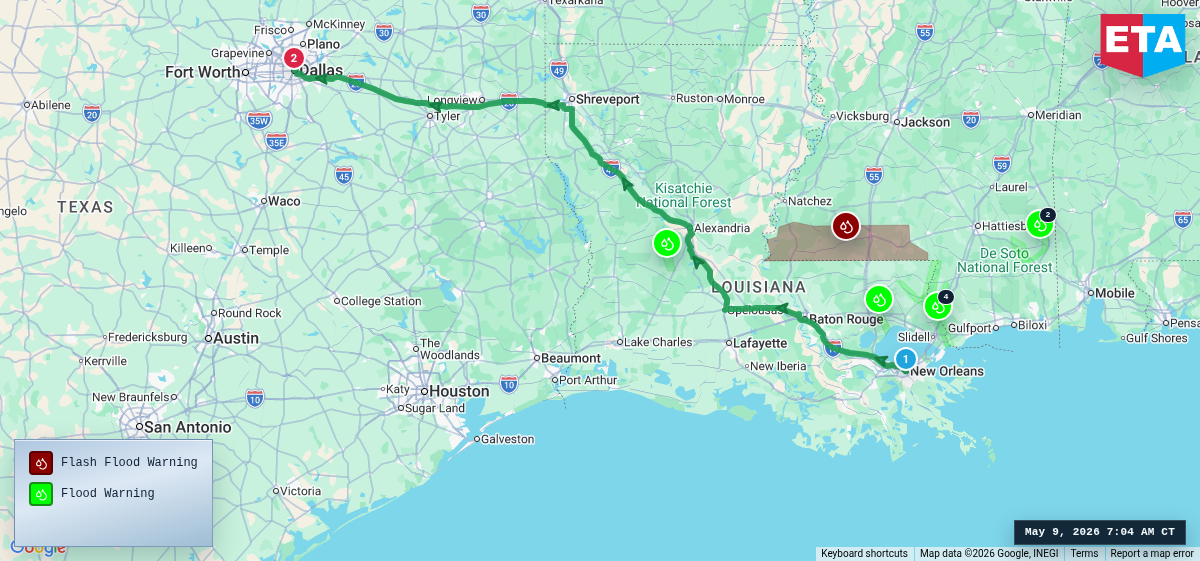 Route map for New Orleans, LA → Dallas, TX