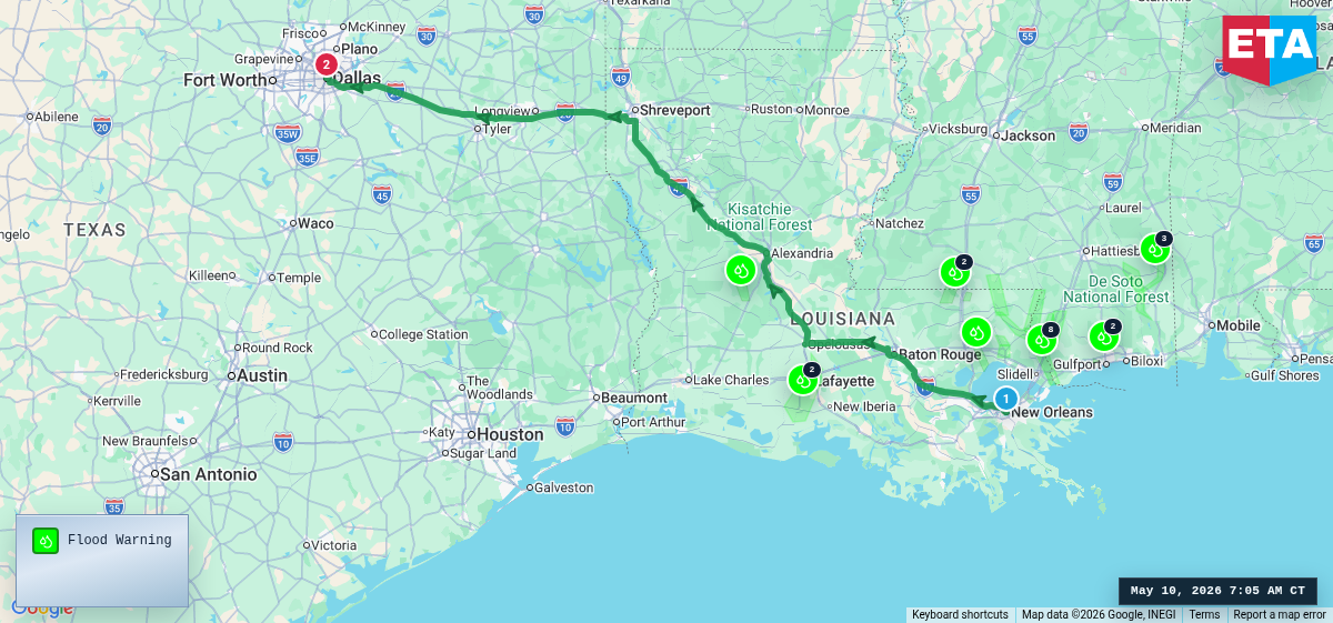 Route map for New Orleans, LA → Dallas, TX